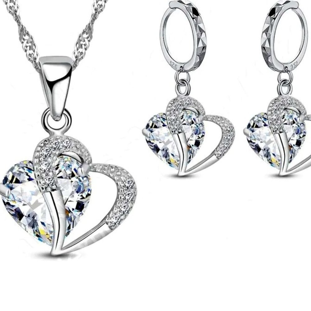 Cute 4Pc Diamond Hearts 💕 Set Pendant, Earrings &18" Chain Sterling Silver